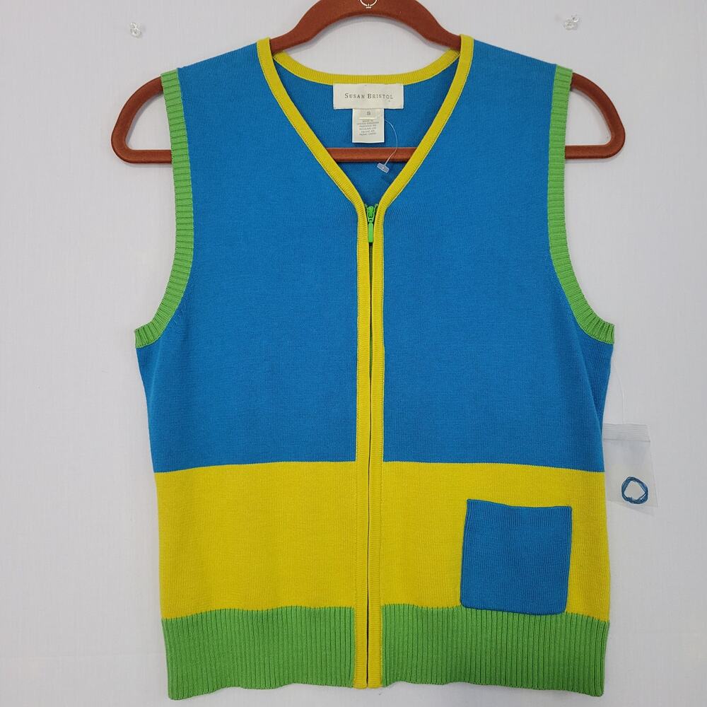Susan Bristol Color Block Sleeveless Full Zip Knit Vest Top size S Preppy NWOT